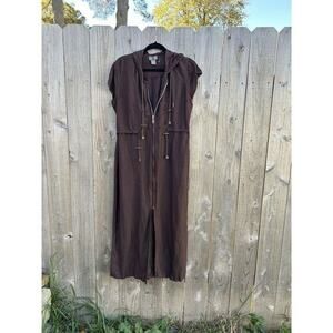 SHERRY TAYLOR Brown Ramie Rayon belt Slit Zip Hooded Dress Size Large‎ Fall